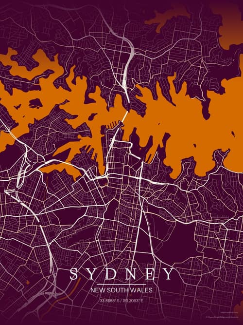 Sydney map art print in Cafe Night — minimalist city map poster