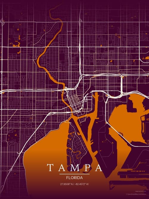 Tampa map art print in Cafe Night — minimalist city map poster