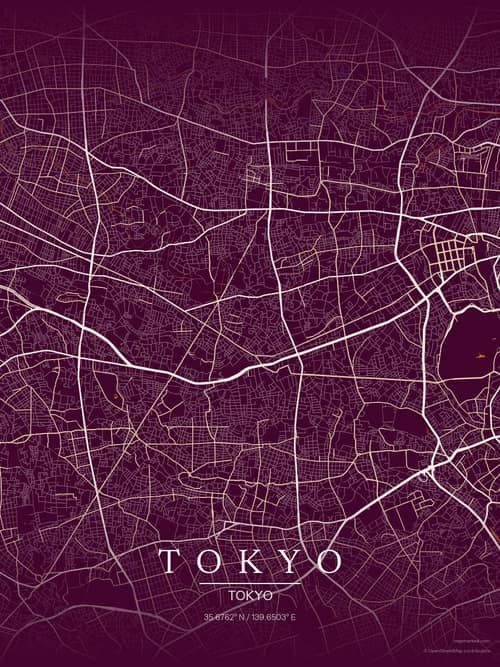 Tokyo map art print in Cafe Night — minimalist city map poster
