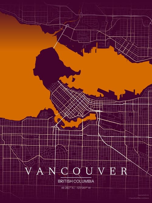 Vancouver map art print in Cafe Night — minimalist city map poster