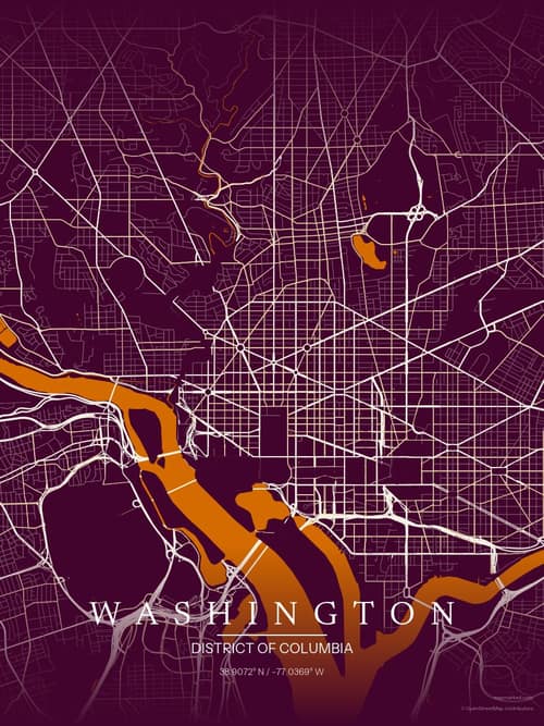 Washington map art print in Cafe Night — minimalist city map poster