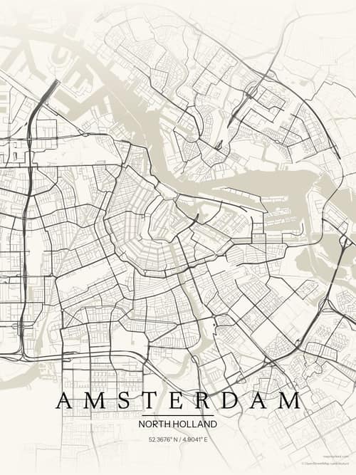 Amsterdam map art print in Sandstone — minimalist city map poster