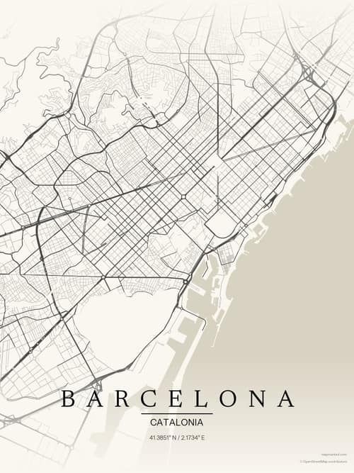 Barcelona map art print in Sandstone — minimalist city map poster