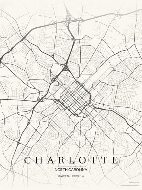 Charlotte map art print in Sandstone — minimalist city map poster