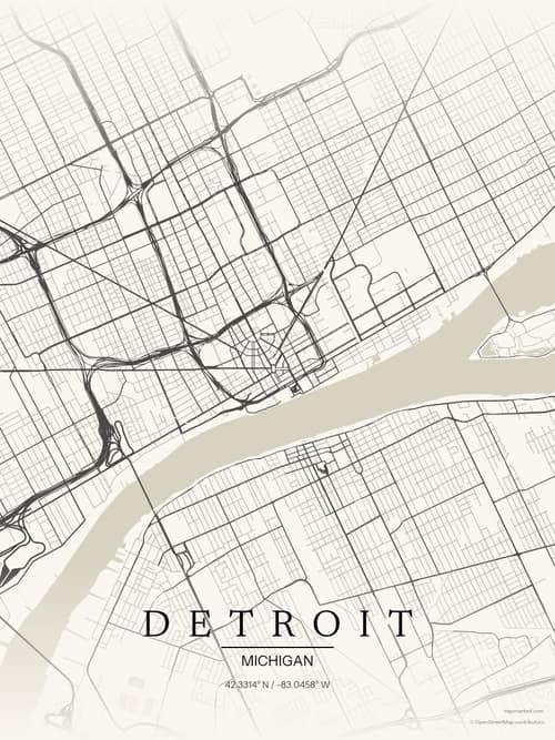 Detroit map art print in Sandstone — minimalist city map poster