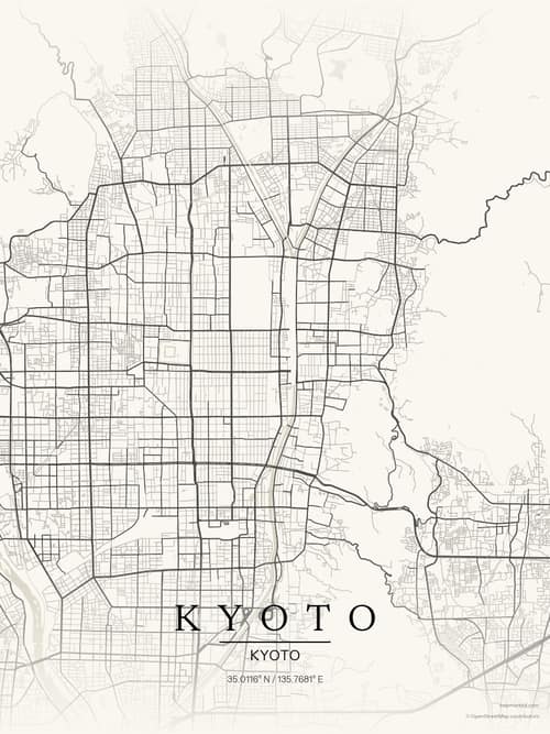 Kyoto map art print in Sandstone — minimalist city map poster