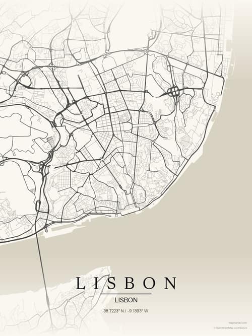 Lisbon map art print in Sandstone — minimalist city map poster