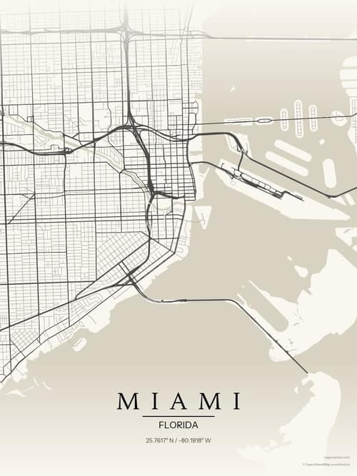 Miami map art print in Sandstone — minimalist city map poster
