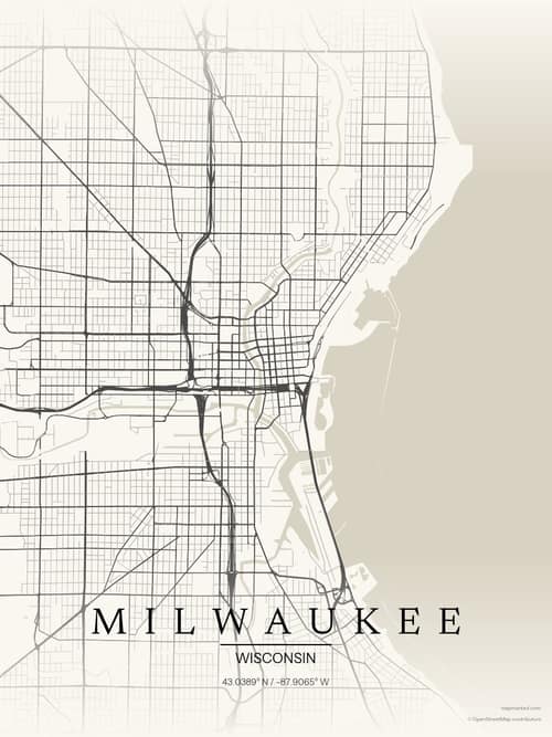 Milwaukee map art print in Sandstone — minimalist city map poster