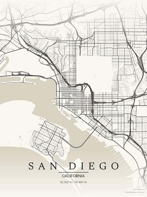 San Diego map art print in Sandstone — minimalist city map poster