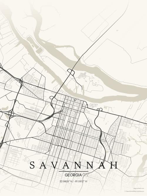 Savannah map art print in Sandstone — minimalist city map poster