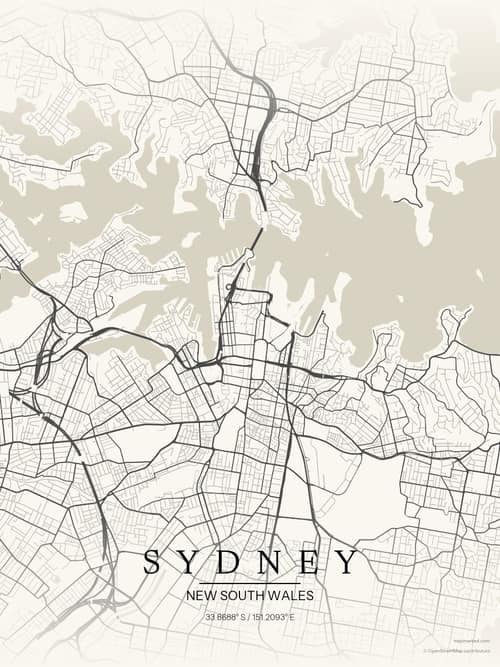 Sydney map art print in Sandstone — minimalist city map poster