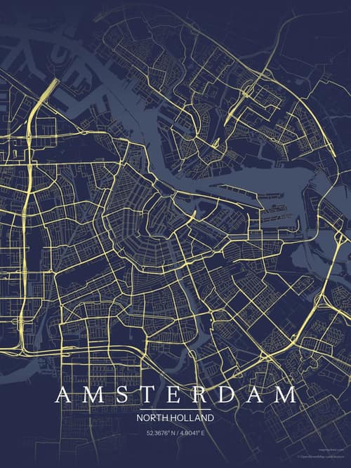 Amsterdam map art print in Midnight Study — minimalist city map poster