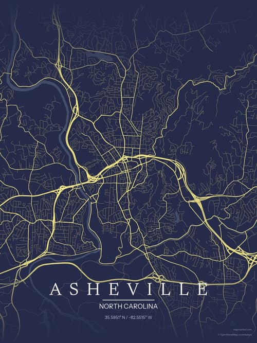 Asheville map art print in Midnight Study — minimalist city map poster