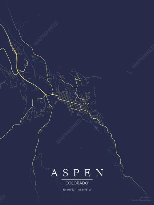 Aspen map art print in Midnight Study — minimalist city map poster