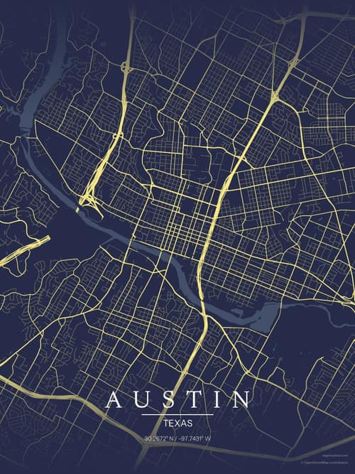 Austin map art print in Midnight Study — minimalist city map poster
