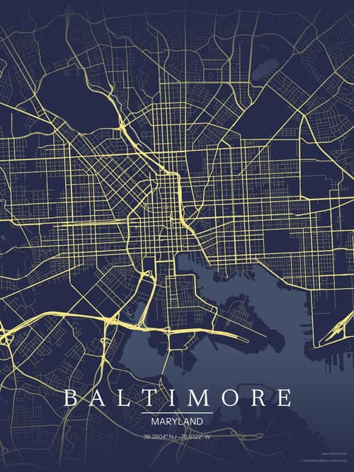 Baltimore map art print in Midnight Study — minimalist city map poster