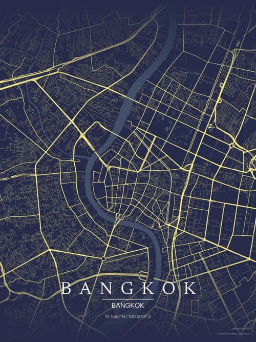 Bangkok map art print in Midnight Study — minimalist city map poster
