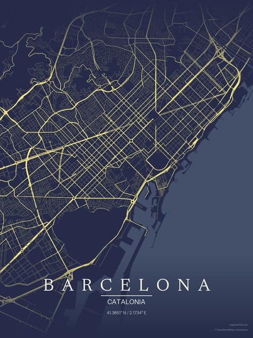 Barcelona map art print in Midnight Study — minimalist city map poster