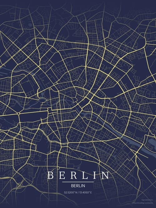Berlin map art print in Midnight Study — minimalist city map poster