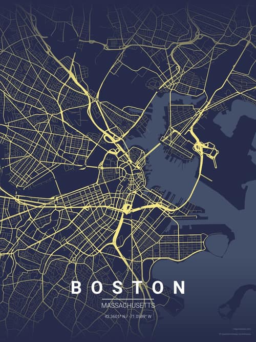 Boston map art print in Midnight Study — minimalist city map poster