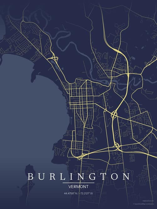 Burlington map art print in Midnight Study — minimalist city map poster