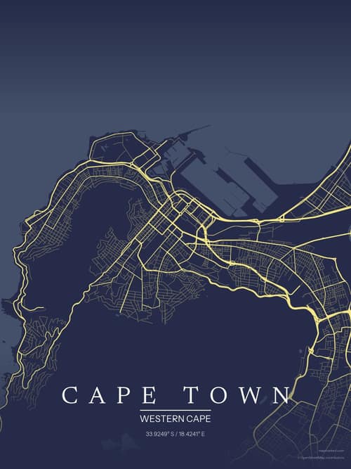 Cape Town map art print in Midnight Study — minimalist city map poster