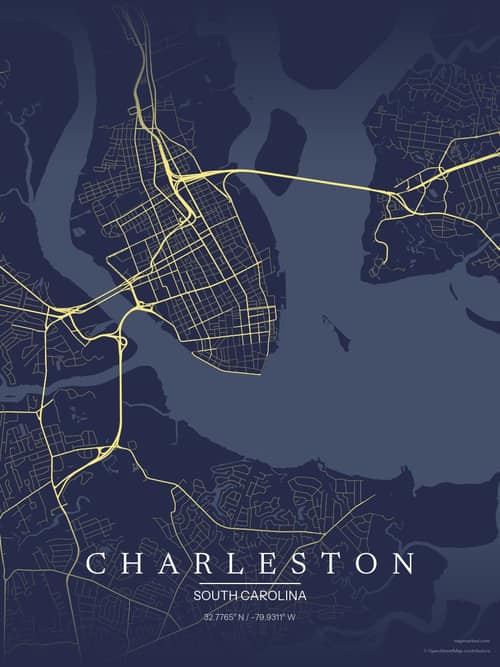 Charleston map art print in Midnight Study — minimalist city map poster