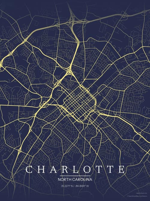 Charlotte map art print in Midnight Study — minimalist city map poster