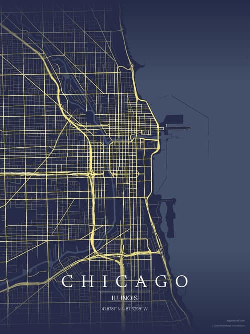 Chicago map art print in Midnight Study — minimalist city map poster