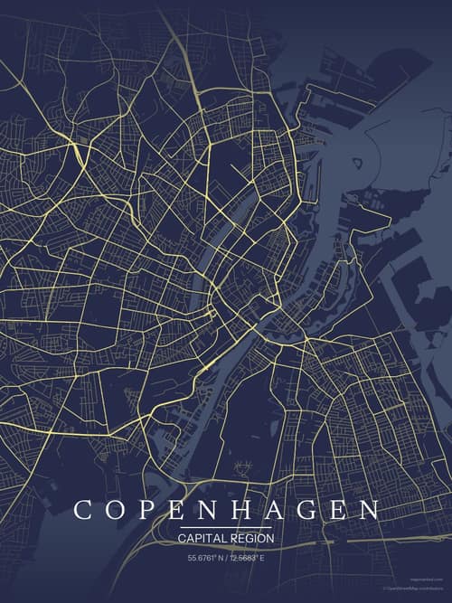 Copenhagen map art print in Midnight Study — minimalist city map poster