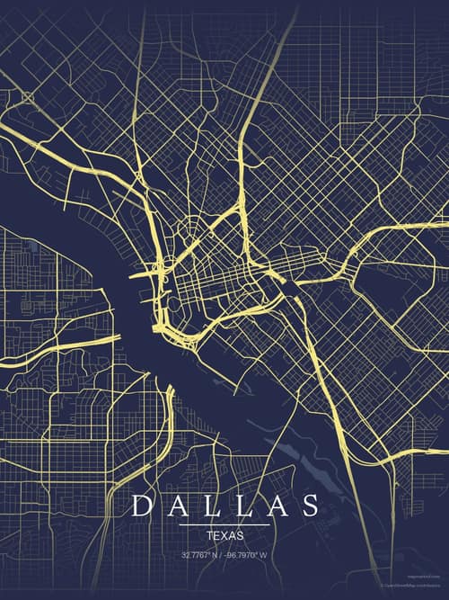 Dallas map art print in Midnight Study — minimalist city map poster