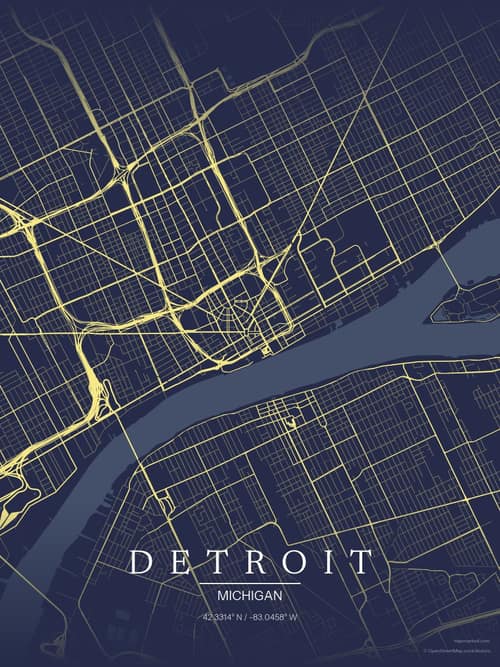 Detroit map art print in Midnight Study — minimalist city map poster