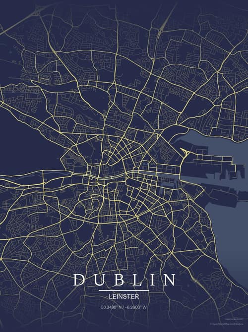 Dublin map art print in Midnight Study — minimalist city map poster
