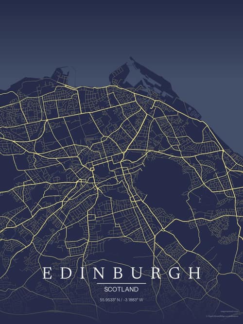 Edinburgh map art print in Midnight Study — minimalist city map poster
