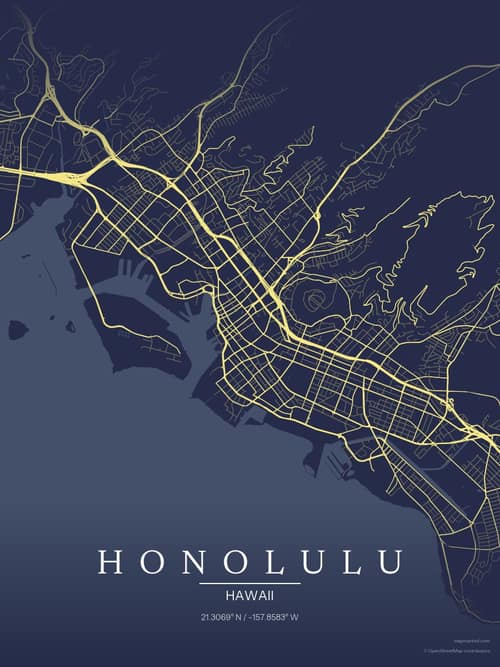 Honolulu map art print in Midnight Study — minimalist city map poster