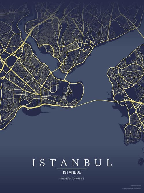 Istanbul map art print in Midnight Study — minimalist city map poster