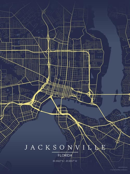 Jacksonville map art print in Midnight Study — minimalist city map poster