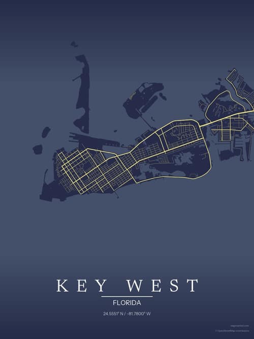 Key West map art print in Midnight Study — minimalist city map poster