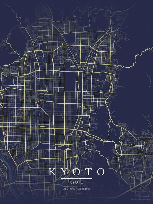 Kyoto map art print in Midnight Study — minimalist city map poster