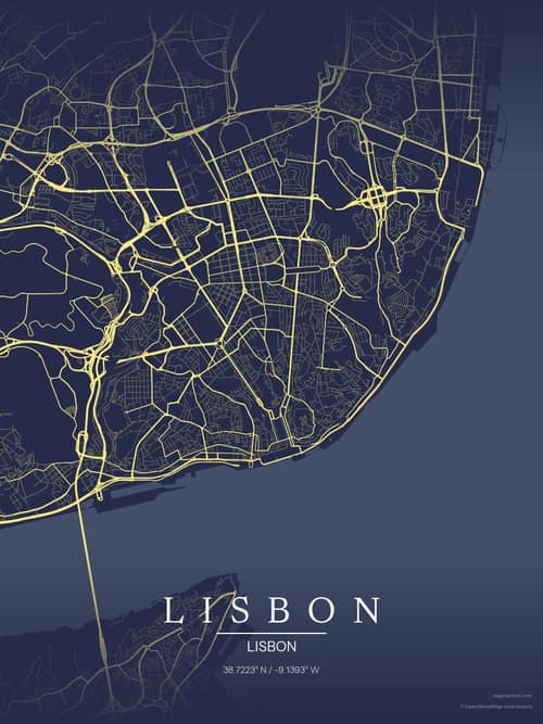 Lisbon map art print in Midnight Study — minimalist city map poster
