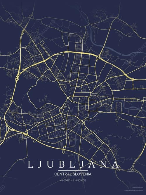 Ljubljana map art print in Midnight Study — minimalist city map poster