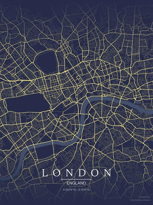 London map art print in Midnight Study — minimalist city map poster