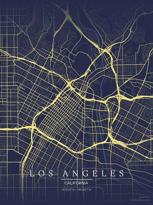 Los Angeles map art print in Midnight Study — minimalist city map poster
