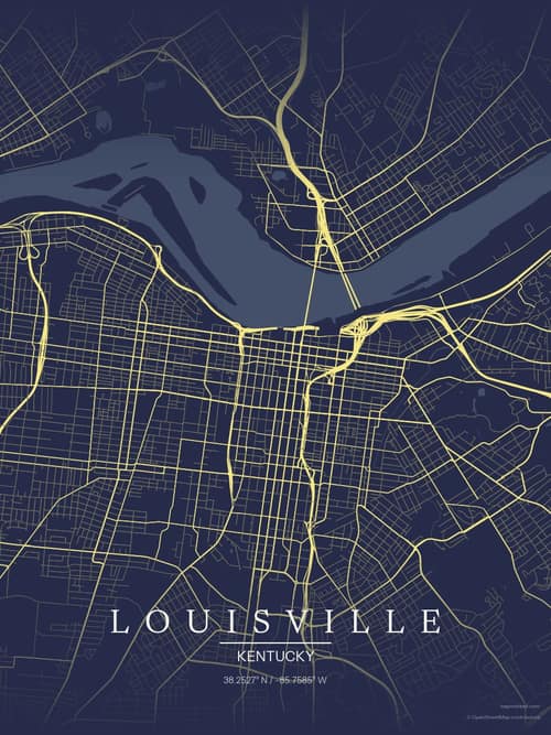 Louisville map art print in Midnight Study — minimalist city map poster
