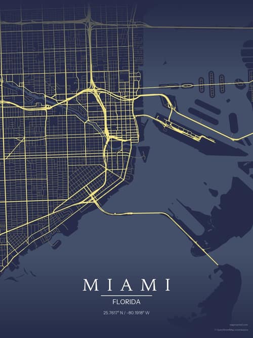 Miami map art print in Midnight Study — minimalist city map poster