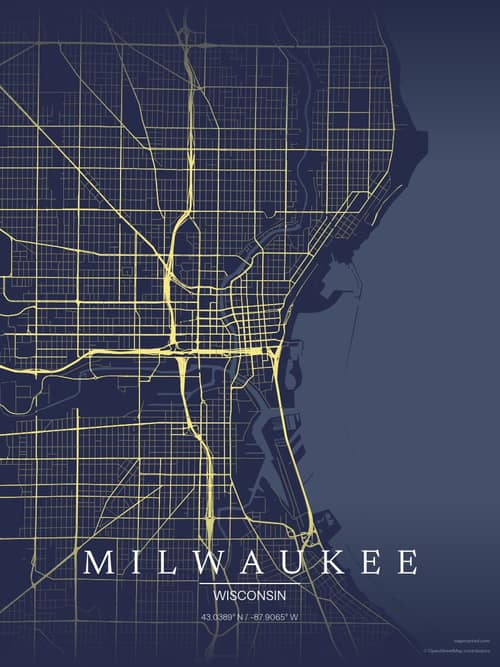 Milwaukee map art print in Midnight Study — minimalist city map poster