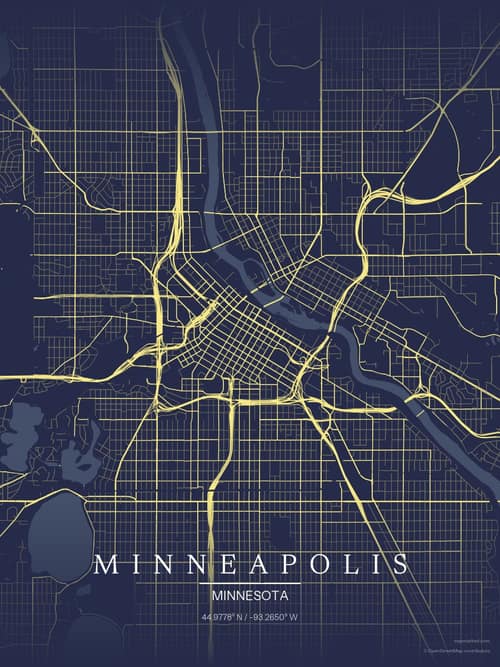 Minneapolis map art print in Midnight Study — minimalist city map poster