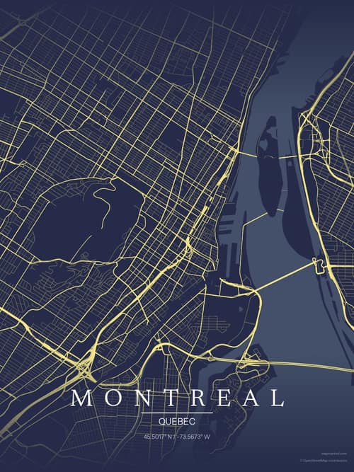 Montreal map art print in Midnight Study — minimalist city map poster