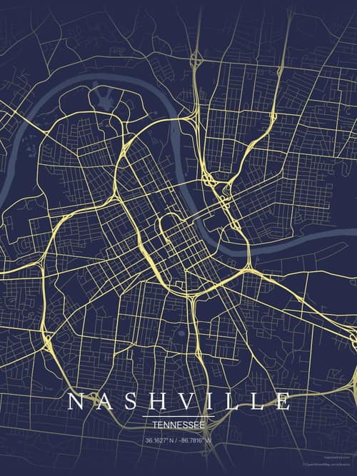 Nashville map art print in Midnight Study — minimalist city map poster